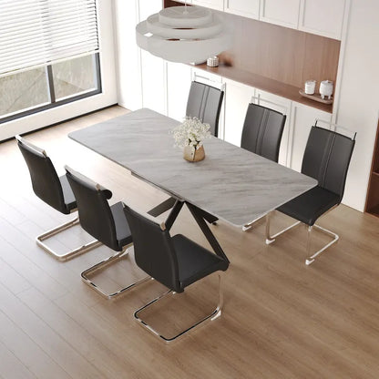 Modern Dining Set with Rectangular Extendable Metal Legs Table & High Back C-shaped Tube Armless Chairs