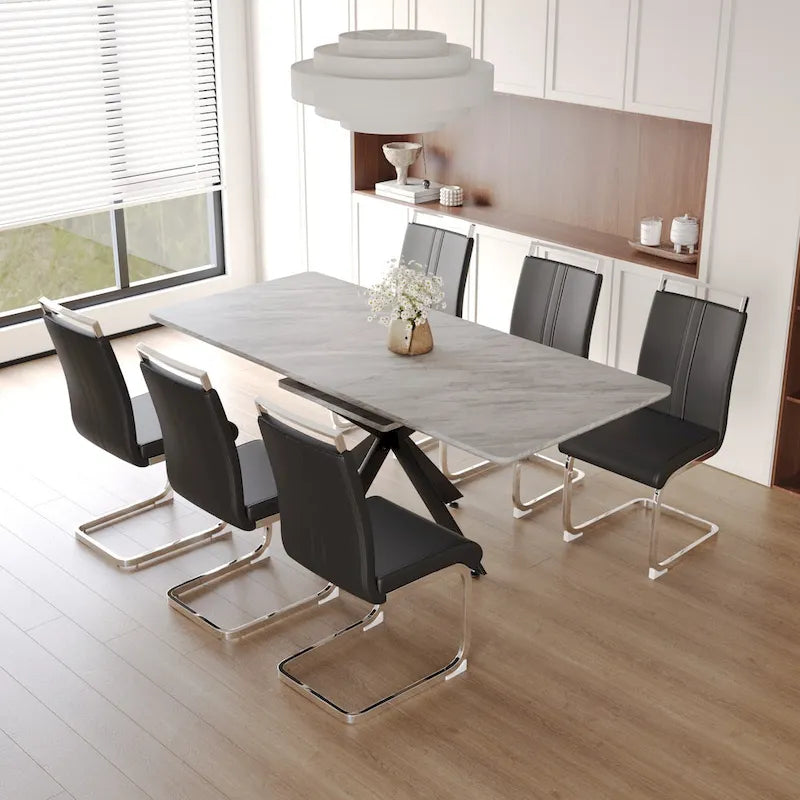 Modern Dining Set with Rectangular Extendable Metal Legs Table & High Back C-shaped Tube Armless Chairs