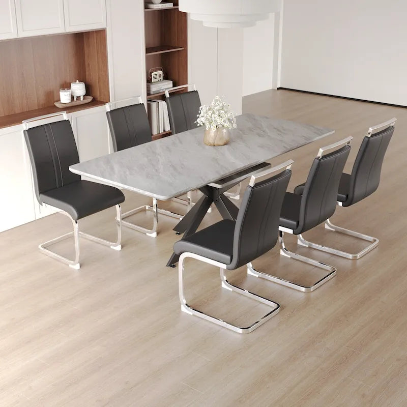 Modern Dining Set with Rectangular Extendable Metal Legs Table & High Back C-shaped Tube Armless Chairs