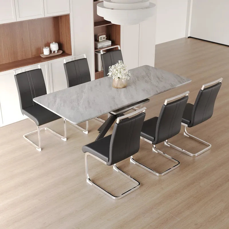 Modern Dining Set with Rectangular Extendable Metal Legs Table & High Back C-shaped Tube Armless Chairs
