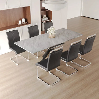 Modern Dining Set with Rectangular Extendable Metal Legs Table & High Back C-shaped Tube Armless Chairs