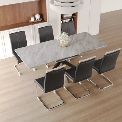 Modern Dining Set with Rectangular Extendable Metal Legs Table & High Back C-shaped Tube Armless Chairs