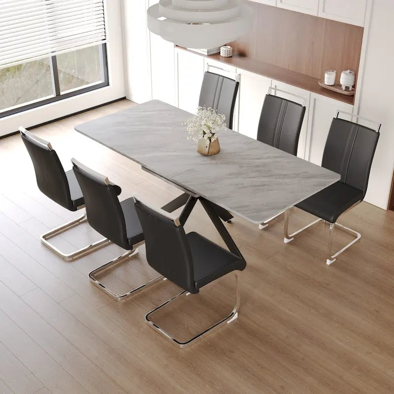 Modern Dining Set with Rectangular Extendable Metal Legs Table & High Back C-shaped Tube Armless Chairs