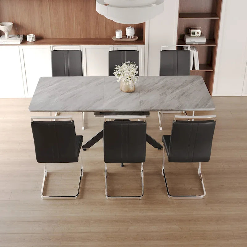 Modern Dining Set with Rectangular Extendable Metal Legs Table & High Back C-shaped Tube Armless Chairs