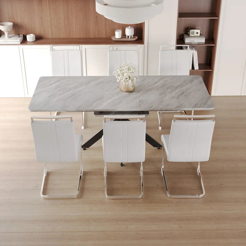 Modern Dining Set with Rectangular Extendable Metal Legs Table & High Back C-shaped Tube Armless Chairs