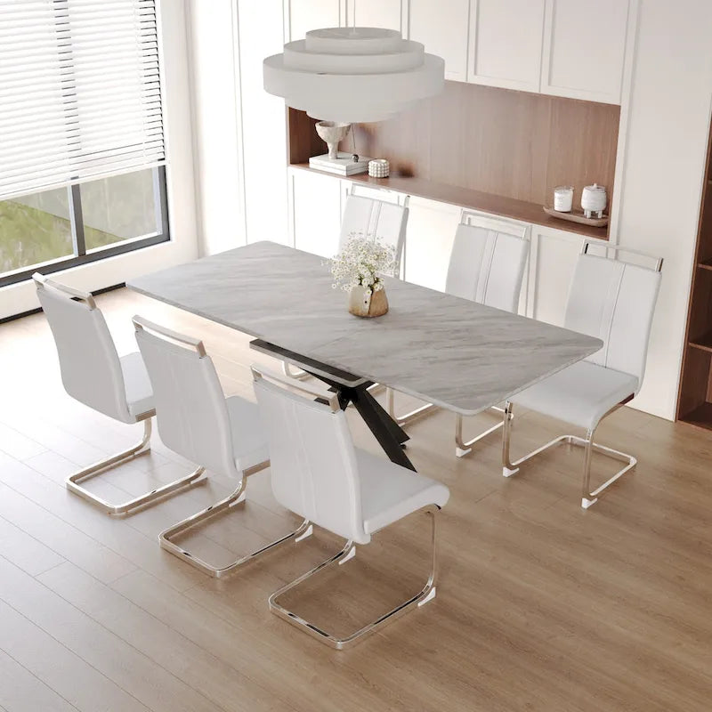 Modern Dining Set with Rectangular Extendable Metal Legs Table & High Back C-shaped Tube Armless Chairs
