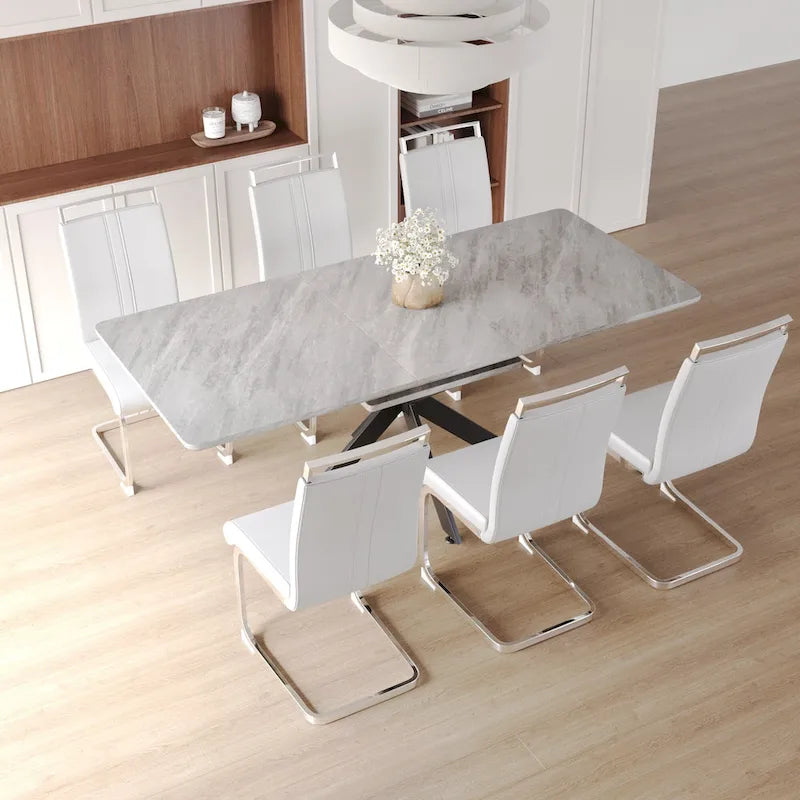 Modern Dining Set with Rectangular Extendable Metal Legs Table & High Back C-shaped Tube Armless Chairs