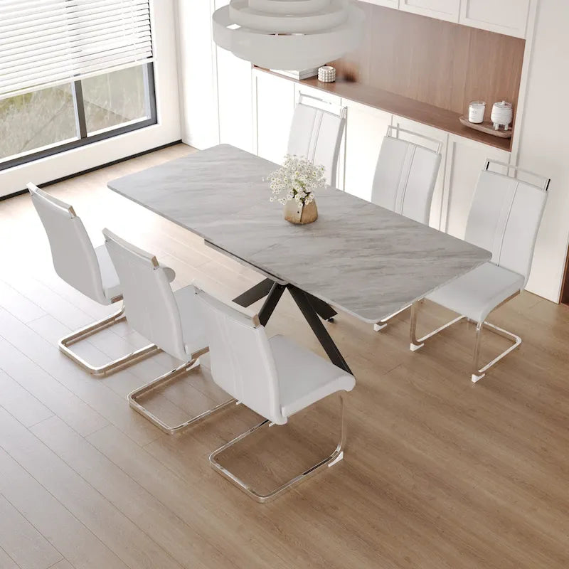 Modern Dining Set with Rectangular Extendable Metal Legs Table & High Back C-shaped Tube Armless Chairs