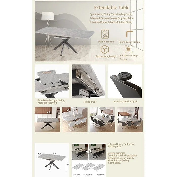 Modern Dining Set with Rectangular Extendable Metal Legs Table & High Back C-shaped Tube Armless Chairs