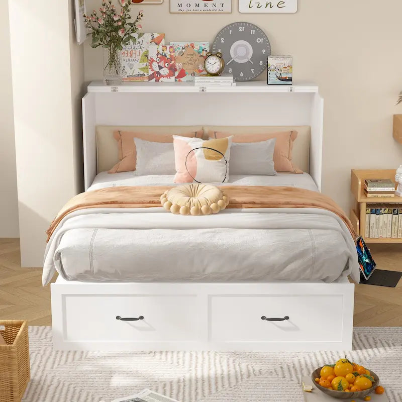 Modern Wood Full Murphy Bed Chest in White Finish Dresser 2-1 Cabinet