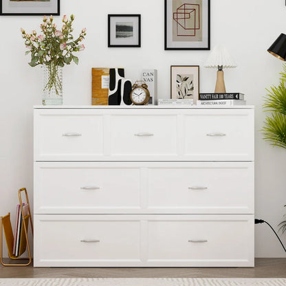 Modern Wood Full Murphy Bed Chest in White Finish Dresser 2-1 Cabinet