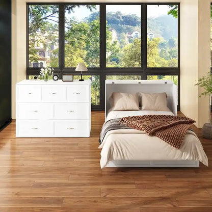 Modern Wood Full Murphy Bed Chest in White Finish Dresser 2-1 Cabinet