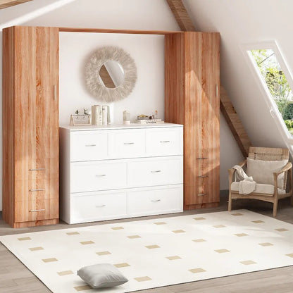 Modern Wood Full Murphy Bed Chest in White Finish Dresser 2-1 Cabinet