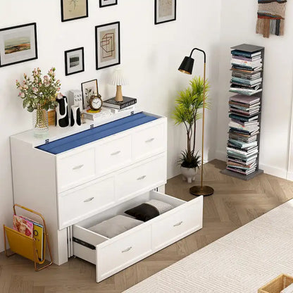 Modern Wood Full Murphy Bed Chest in White Finish Dresser 2-1 Cabinet