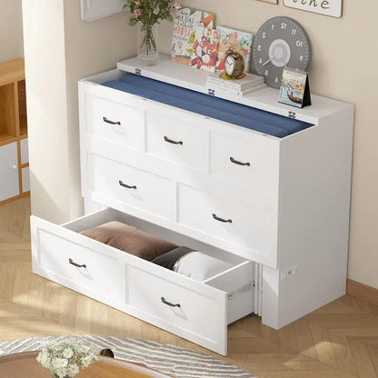Modern Wood Full Murphy Bed Chest in White Finish Dresser 2-1 Cabinet
