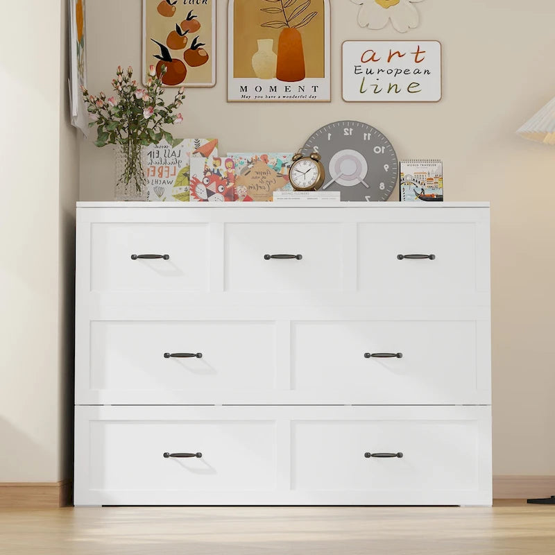 Modern Wood Full Murphy Bed Chest in White Finish Dresser 2-1 Cabinet
