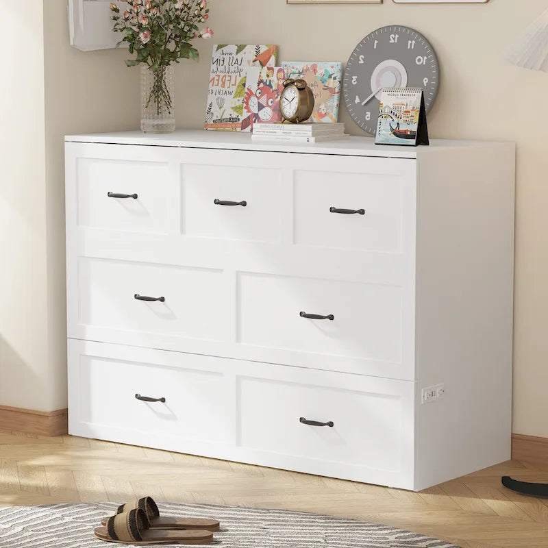 Modern Wood Full Murphy Bed Chest in White Finish Dresser 2-1 Cabinet