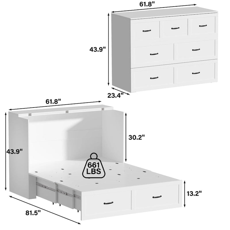 Modern Wood Full Murphy Bed Chest in White Finish Dresser 2-1 Cabinet