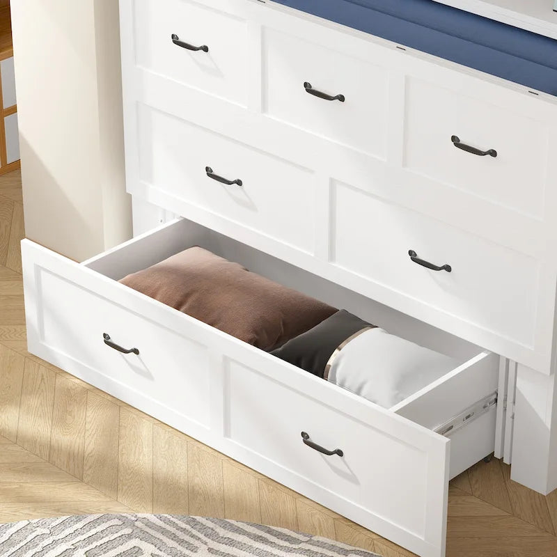 Modern Wood Full Murphy Bed Chest in White Finish Dresser 2-1 Cabinet