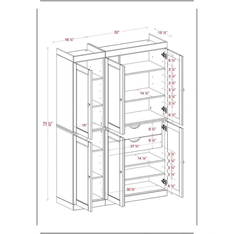 Solid Wood Metal Pantry Cabinet Adjustable