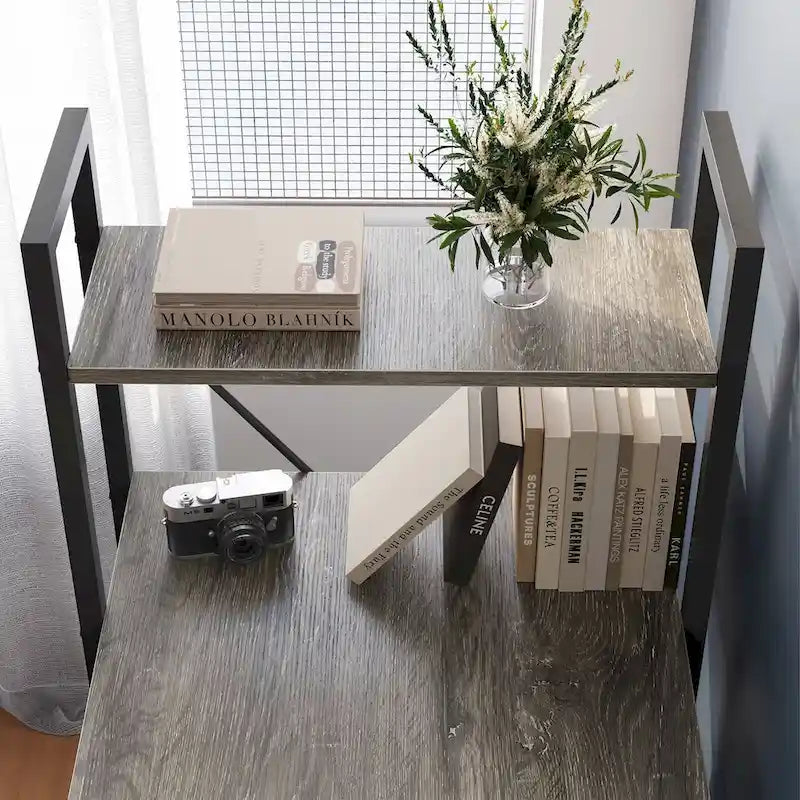 63 Inch Rustic Metal Table with Shelves