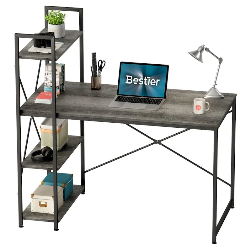 63 Inch Rustic Metal Table with Shelves