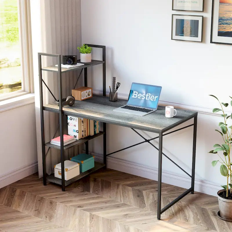 63 Inch Rustic Metal Table with Shelves