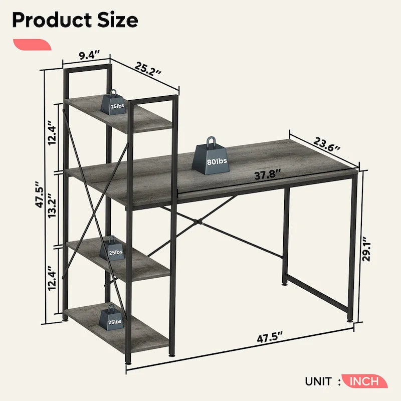 63 Inch Rustic Metal Table with Shelves