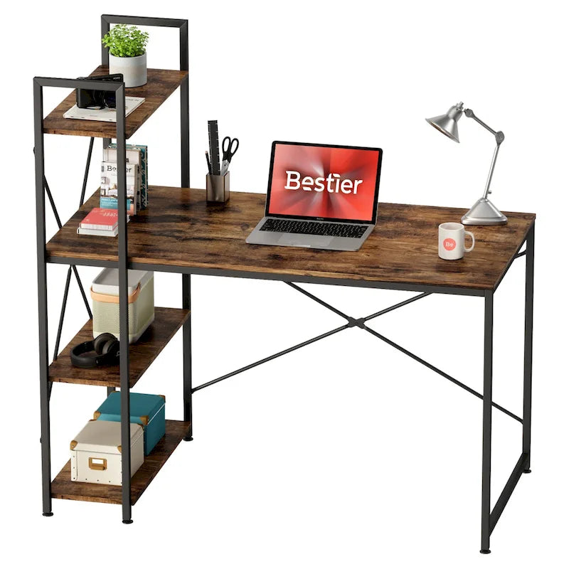 63 Inch Rustic Metal Table with Shelves