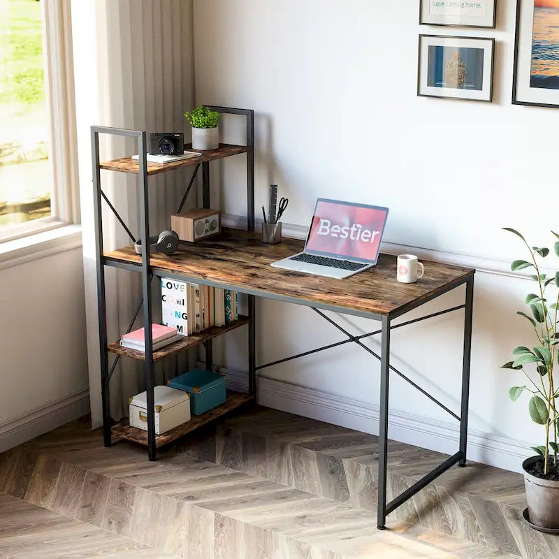63 Inch Rustic Metal Table with Shelves