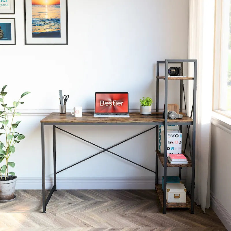 63 Inch Rustic Metal Table with Shelves