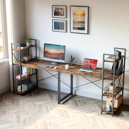 63 Inch Rustic Metal Table with Shelves