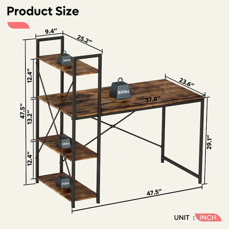 63 Inch Rustic Metal Table with Shelves