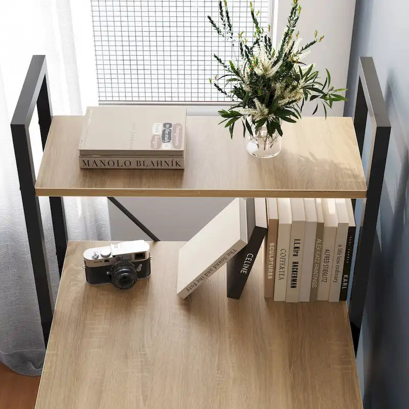 63 Inch Rustic Metal Table with Shelves