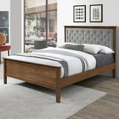 Gray Upholstered Queen Bed Headboard and Wood Footboard Set
