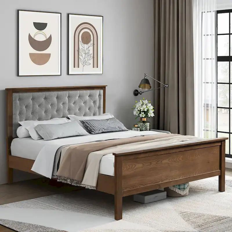 Gray Upholstered Queen Bed Headboard and Wood Footboard Set