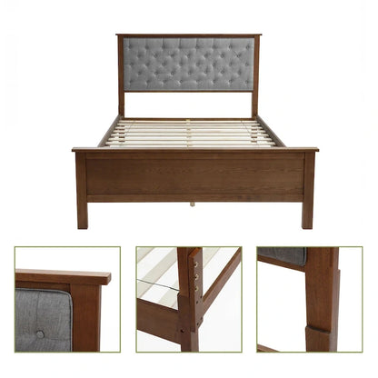 Gray Upholstered Queen Bed Headboard and Wood Footboard Set