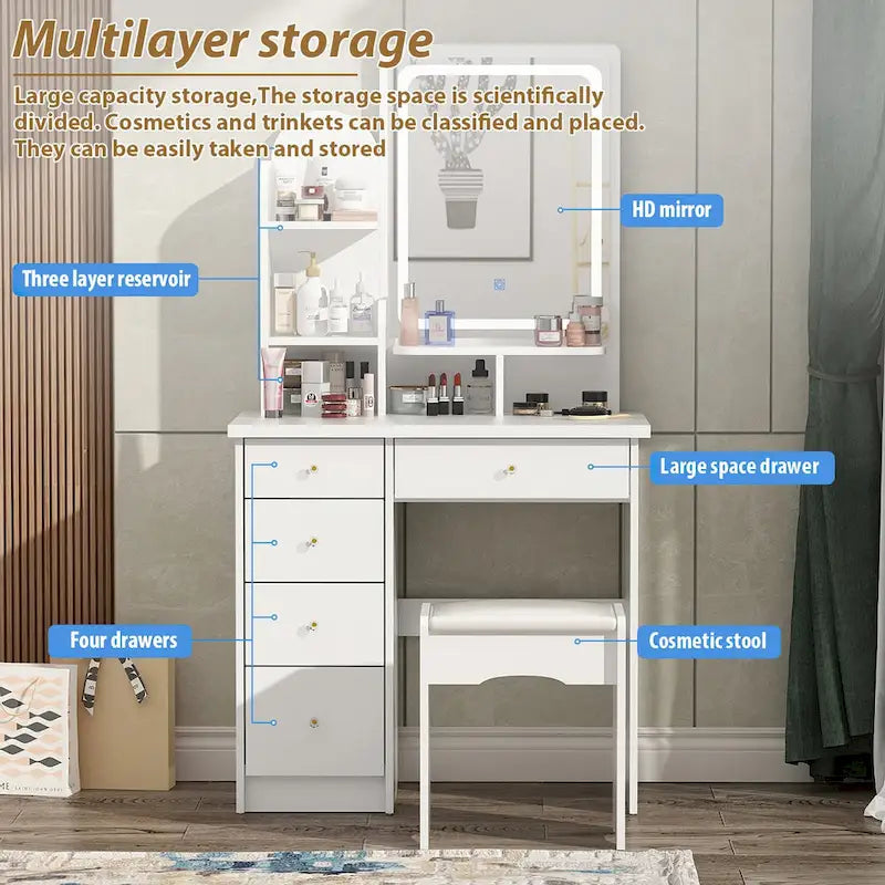 31.5 Wide Dresser Makeup Vanity With Stool and Touching Light Mirror - 31.5W