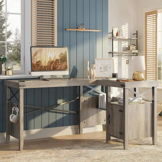 Farmhouse L Shaped Home Office Computer Desk with Storage Cabinet