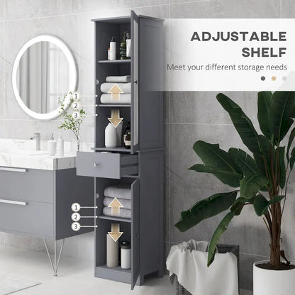 kleankin Slim Bathroom Storage Cabinet, Tall Bathroom Cabinet, Narrow Linen Tower with Acrylic Door, Drawer and Shelves, Gray