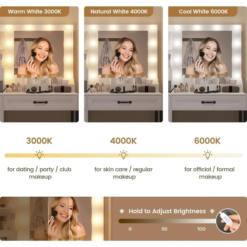 Vanity Desk Set 10 Hollywood Lights Mirror Bench Charging Station