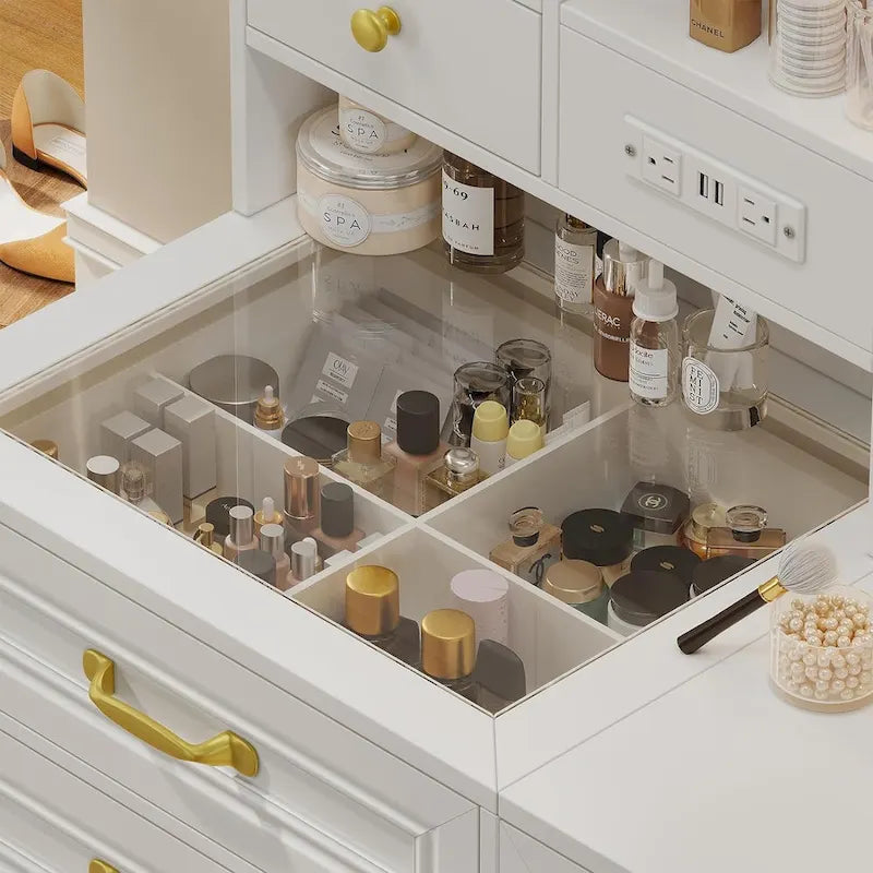 Vanity Desk Set 10 Hollywood Lights Mirror Bench Charging Station