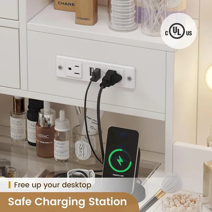 Vanity Desk Set 10 Hollywood Lights Mirror Bench Charging Station