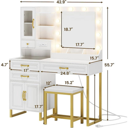 Vanity Desk Set 10 Hollywood Lights Mirror Bench Charging Station