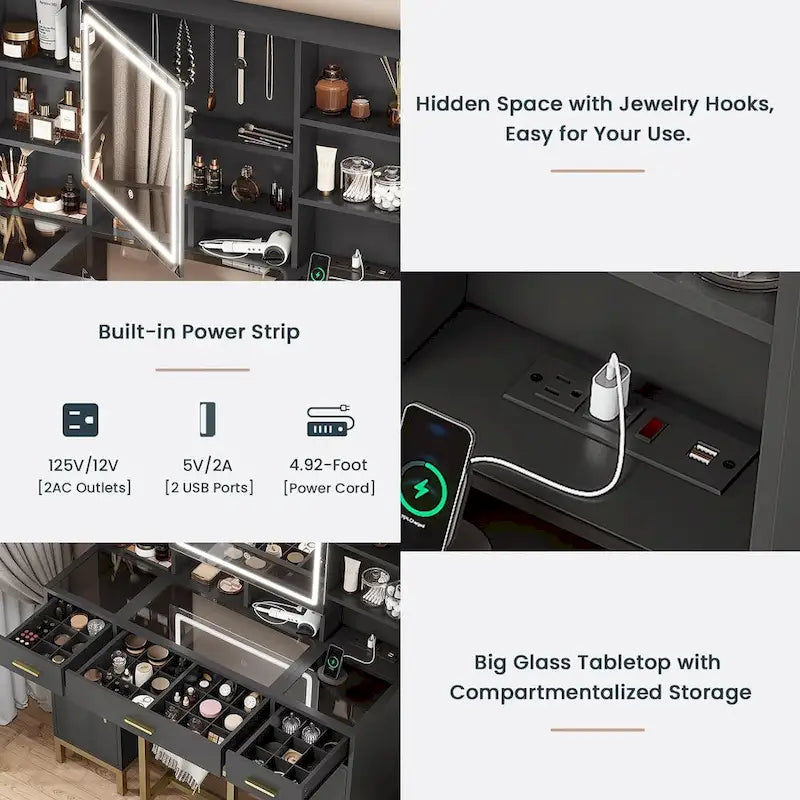 Makeup Vanity Set with Lights in 3 Colors Glass Desktop