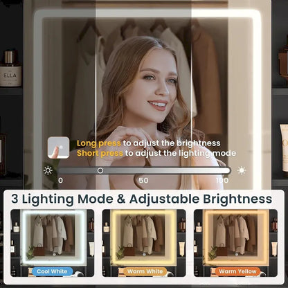 Makeup Vanity Set with Lights in 3 Colors Glass Desktop