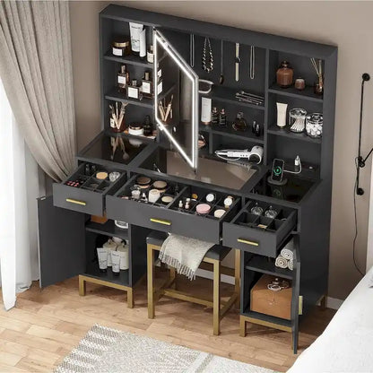 Makeup Vanity Set with Lights in 3 Colors Glass Desktop