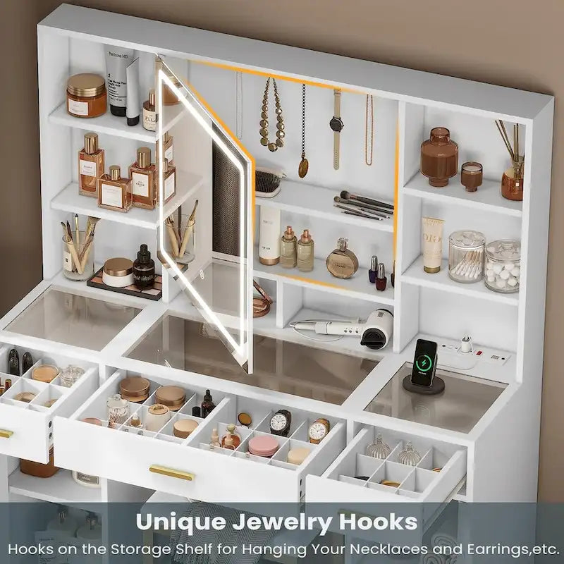 Makeup Vanity Set with Lights in 3 Colors Glass Desktop