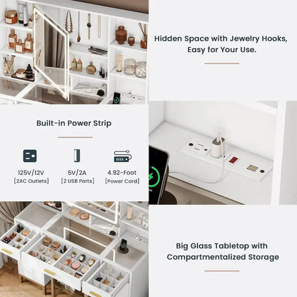 Makeup Vanity Set with Lights in 3 Colors Glass Desktop