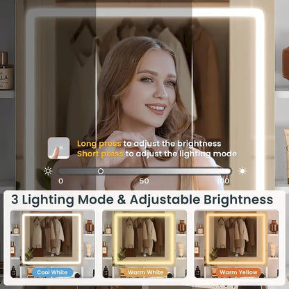 Makeup Vanity Set with Lights in 3 Colors Glass Desktop